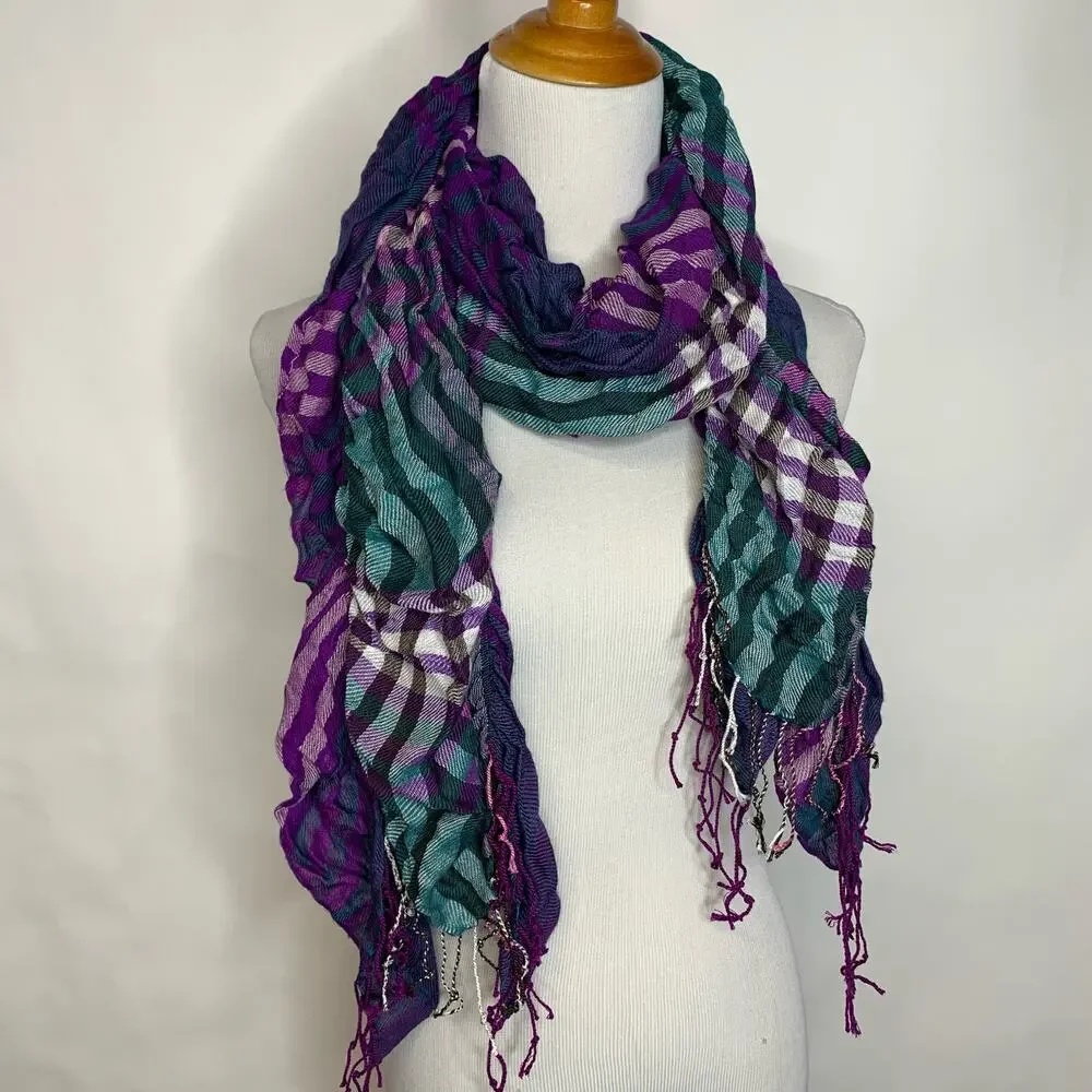 Purple Green Plaid Scarf Fringe Ruched